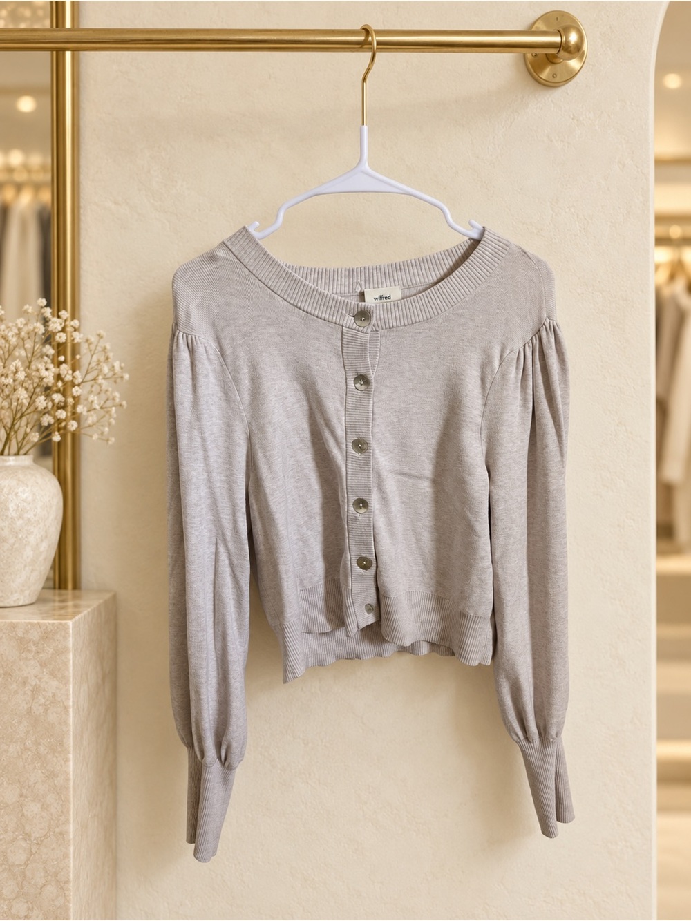 Aritzia Wilfred Soft Taupe Button-Front Puff Sleeve Cardigan